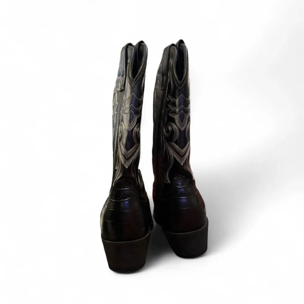 Masterson Black Leather Western Boots Mens 8EW Extra Wide Croc Embossed Like New